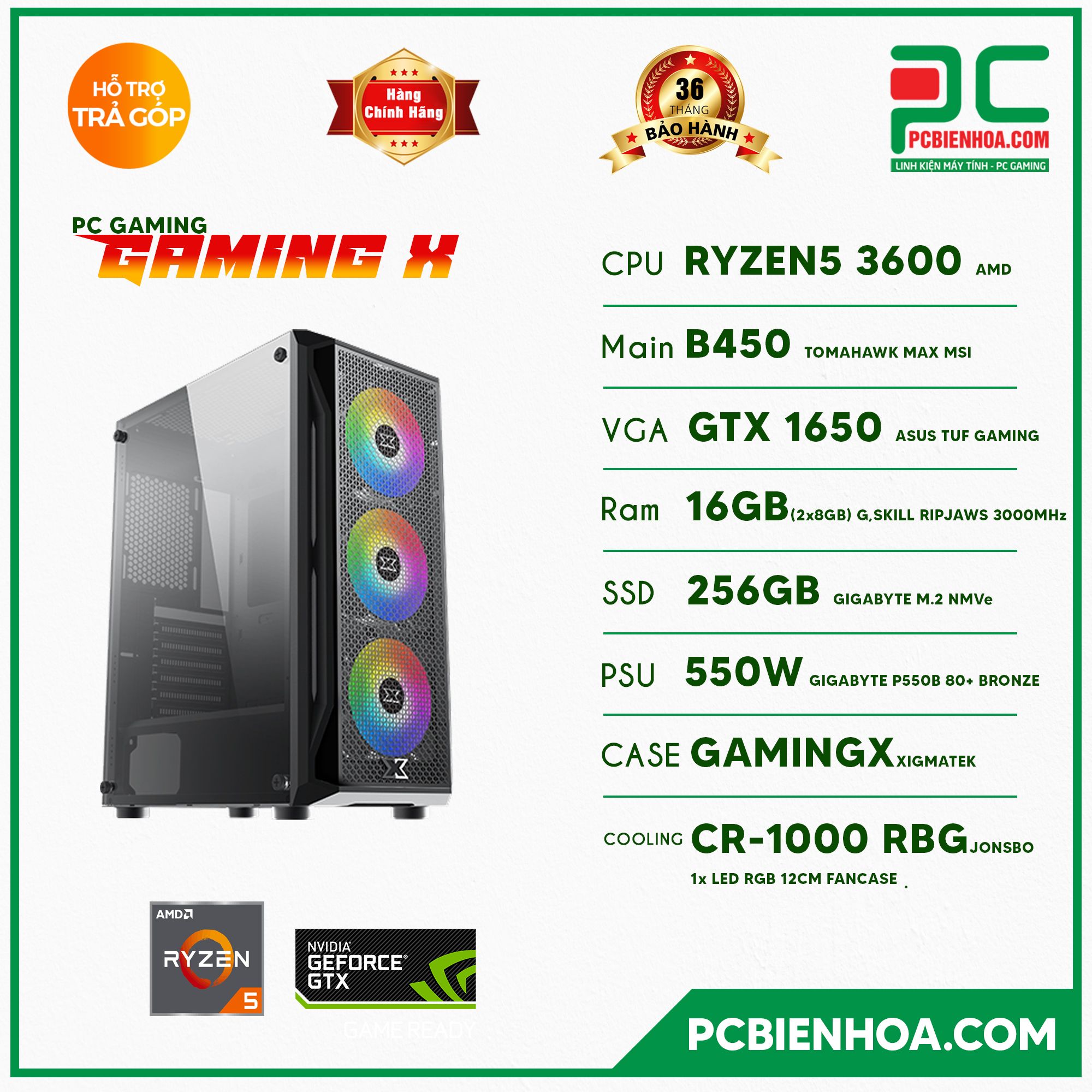 PCGAMING GAMING X ( RYZEN 5 3600 / B450 / 1650 / 16GB / 265GB / 550W )
