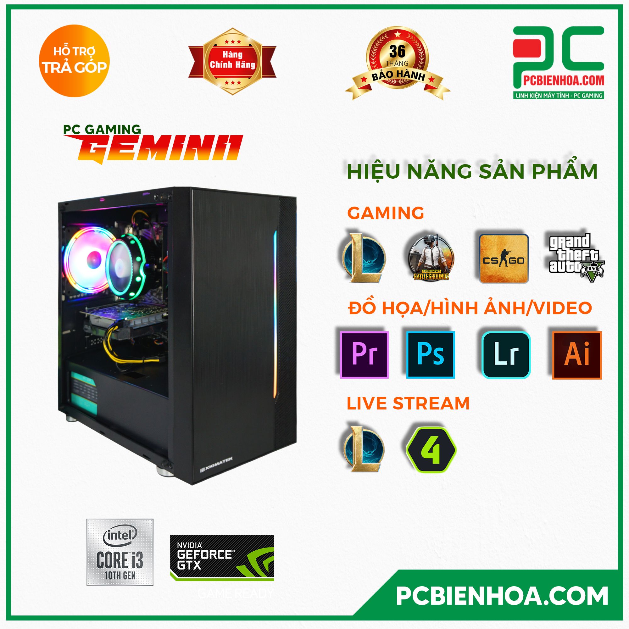 PCGAMING GEMINI 01 ( CORE I3 10105F / H410 / 1650OC / 8GB / 128GB / 550W )