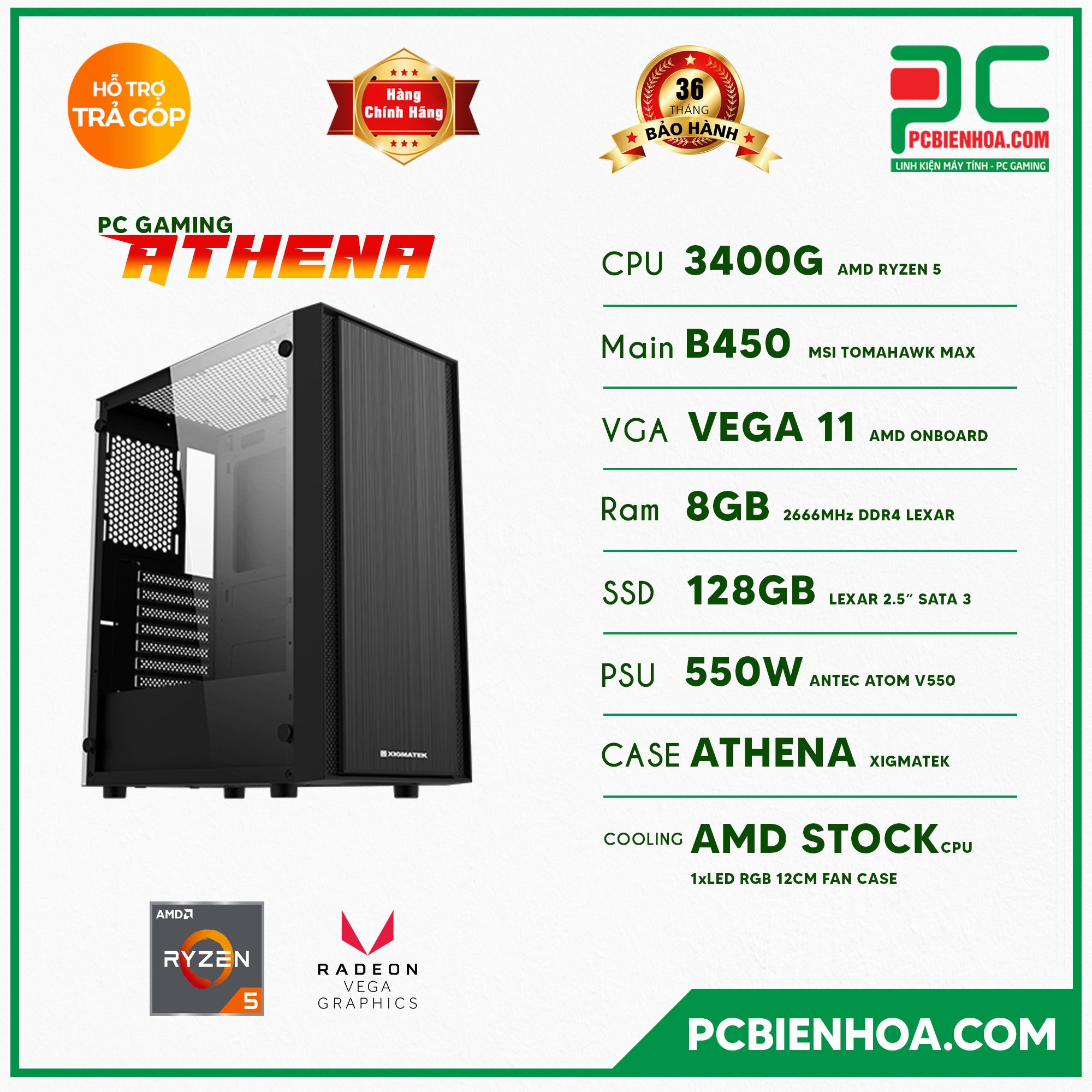 PCGAMING ATHENA ( RYZEN 5 3400G / B450 / 8GB / 128GB / 550W )