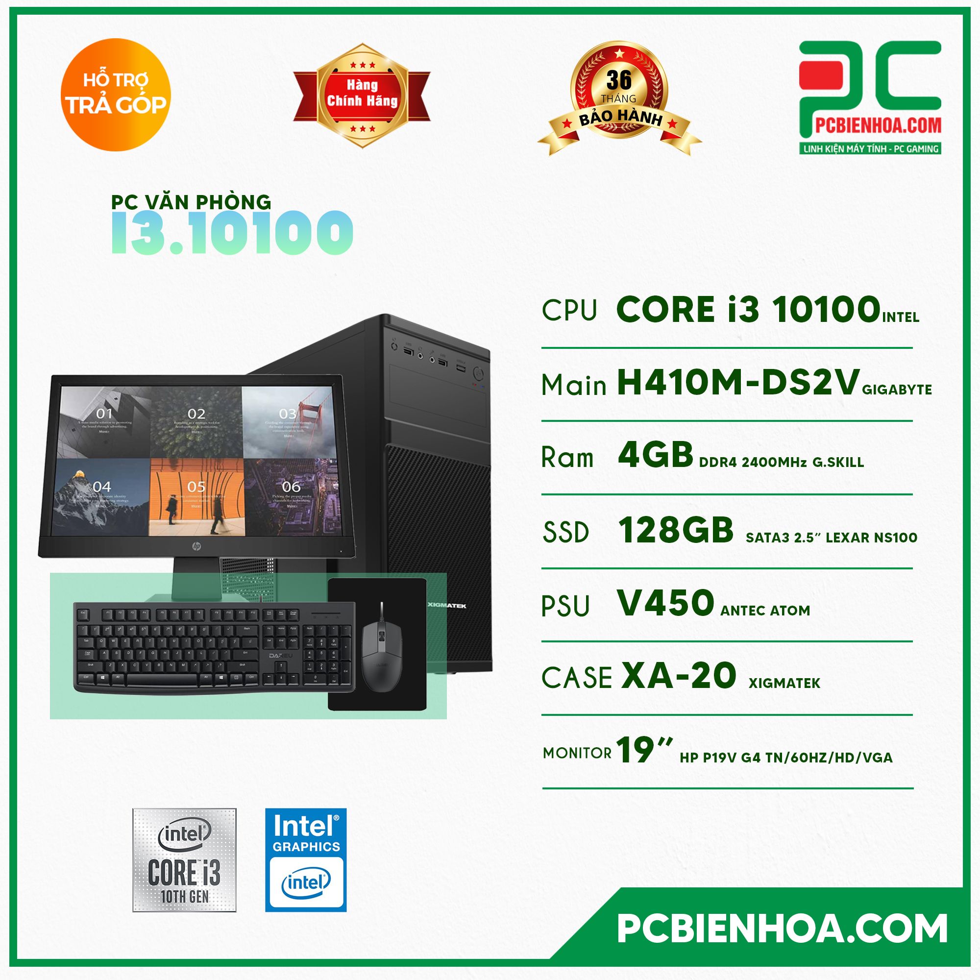 BỘ PCVP i3 10100 ( CORE I3 10100 / H410 / 4GB / 128GB / HP P19V )