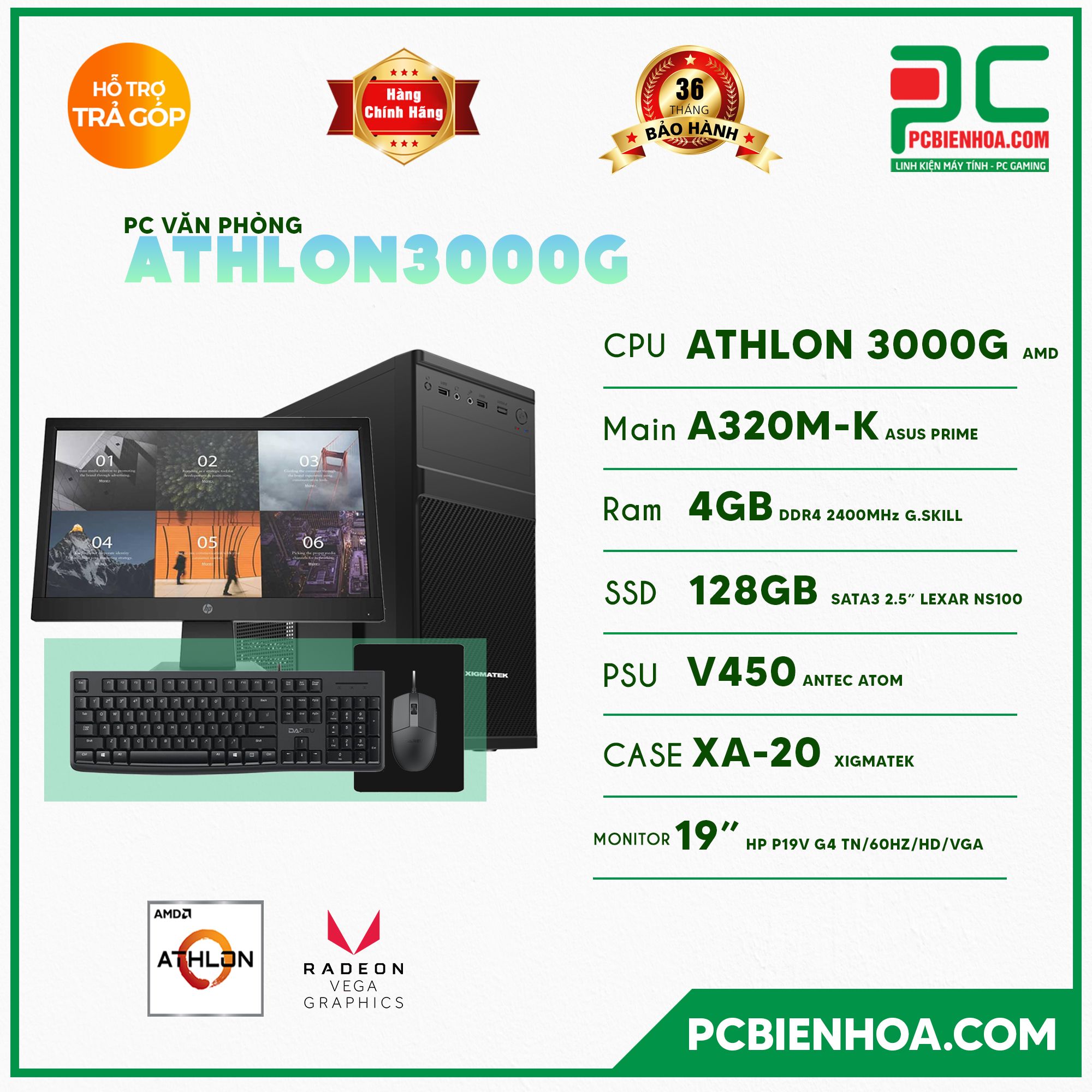 BỘ PCVP ATHLON 3000G ( ATHLON 3000G / A320 / 4GB / 128GB / HP P19V )