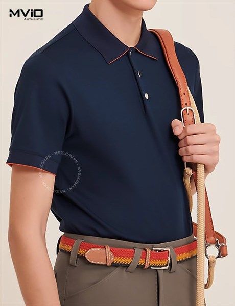 Polo Hermes Xanh Viền Cam 800271E 01S- Navy.