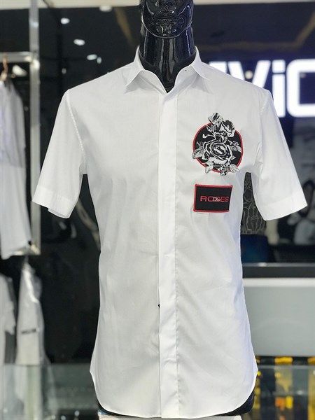 Sơ Mi Dior Cộc Tay Trắng Thêu Hoa Hồng