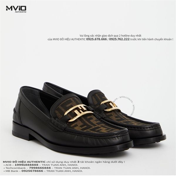 Loafer Fendi Đen Khoá Gold Vân FF Nâu Canvas 7D1550AJZF F0R7R
