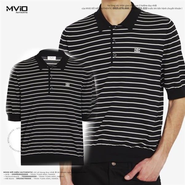 Polo Celine Đen Kẻ Trắng Logo Nhỏ 2ADCT367Y38EC