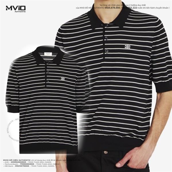 Polo Celine Đen Kẻ Trắng Logo Nhỏ 2ADCT367Y38EC