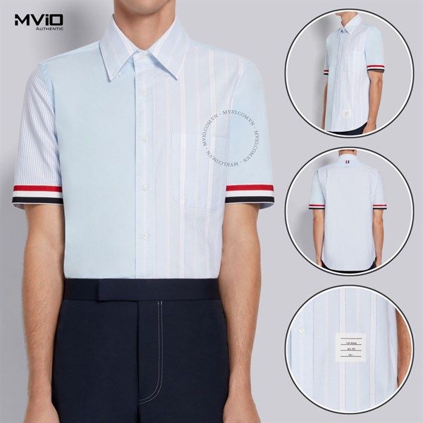 Sơ Mi Thom Browne Xanh Nhạt Cộc Tay Collar Bo Viền MWS252 04502