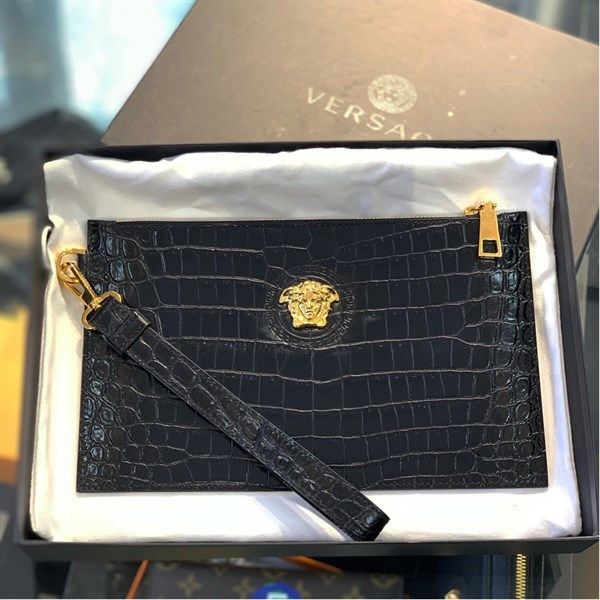 Clutch Versace Đen Da Sấu D410H