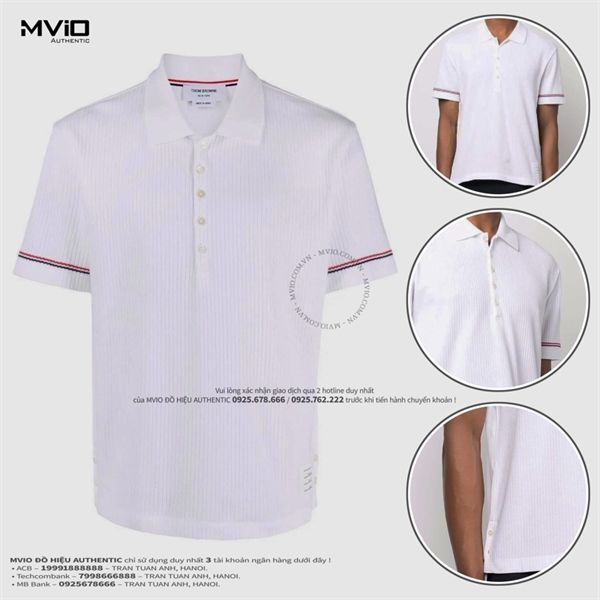 Polo Thom Browne Trắng Len Tay Viền MJP138A