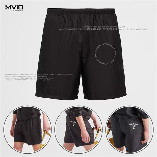 Short Prada Đen Gió Logo Trắng Túi Sau UB333107L F0002