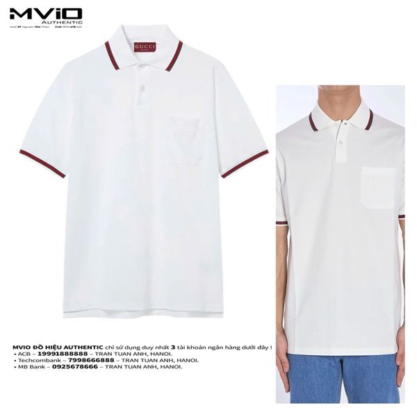 Polo Gucci Trắng Chữ Thêu Túi Cổ Viền Cờ 795174 XJG5C