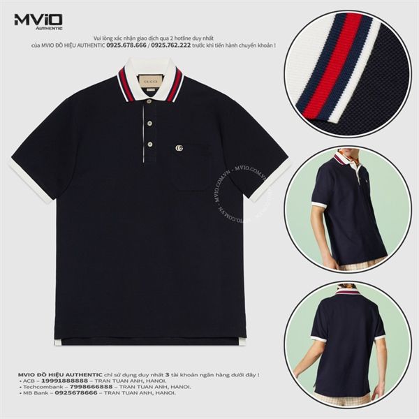 Polo Gucci Xanh Than Cổ Trắng Viền Cờ Xanh Đỏ 752604 XJFTL 4215