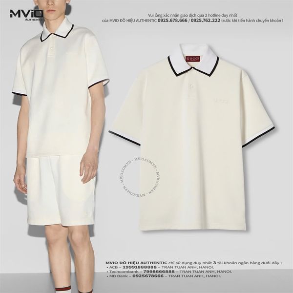 Polo Gucci Trắng Sữa Cổ Viền Đen Logo Thêu Ngực 794335 XJGTV 9692