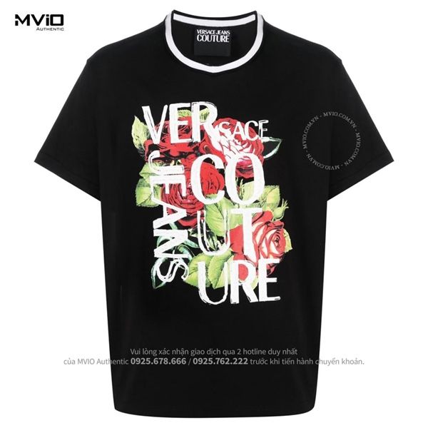 Phông Versace Đen Cổ Viền Trắng Logo Xanh Trắng Hoa Hồng 74GAHF03