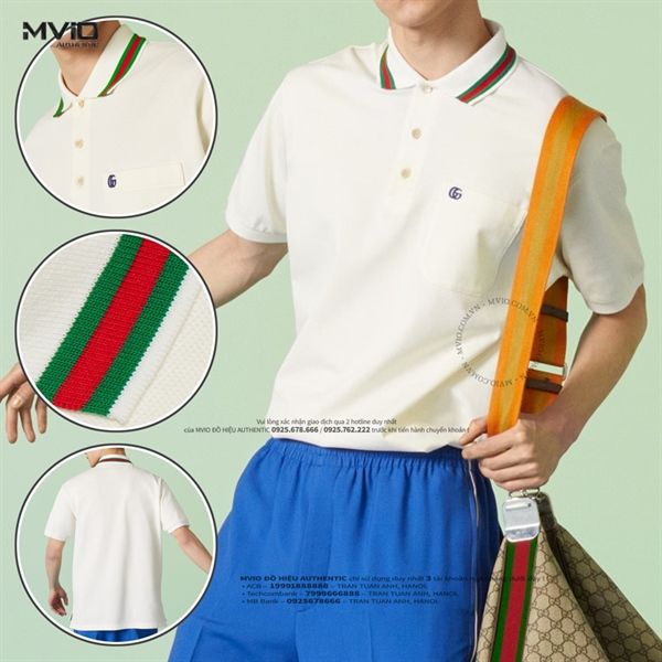 Polo Gucci Trắng Cổ Vạt Cờ Logo GG Ngực Nhỏ 752604 XJFTL 9733