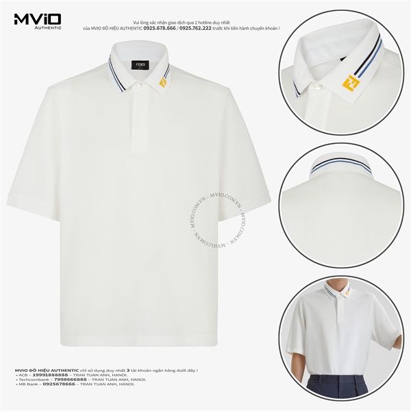 Polo Fendi Trắng Cổ Viền Xanh Xanh Đen Vân FF Vàng FAF708AQ2H F1II8