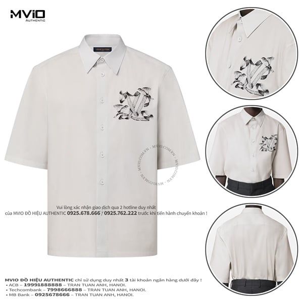 Sơ Mi Louis Vuitton Trắng Cộc Tay Logo LV Hoa Đen 1ABY2V