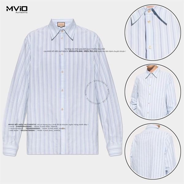 Sơ Mi Gucci Dài Tay Xanh Nhạt Kẻ Trắng 703041 ZAJTL 4482