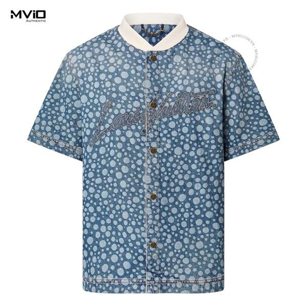 Sơ Mi Louis Vuitton Denim Xanh Chấm Bi Chữ Ngực 1AB605