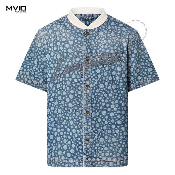 Sơ Mi Louis Vuitton Denim Xanh Chấm Bi Chữ Ngực 1AB605