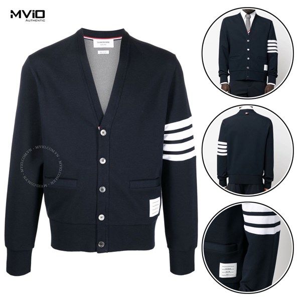 Khoác Cadigan Thom Browne Navy Chất Dày Tay Viền Trắng MTJ325A J008