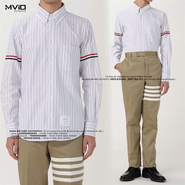 Sơ Mi Thom Browne Trắng Kẻ Xám Nhỏ Tay Viền MWL3010 F052 5035