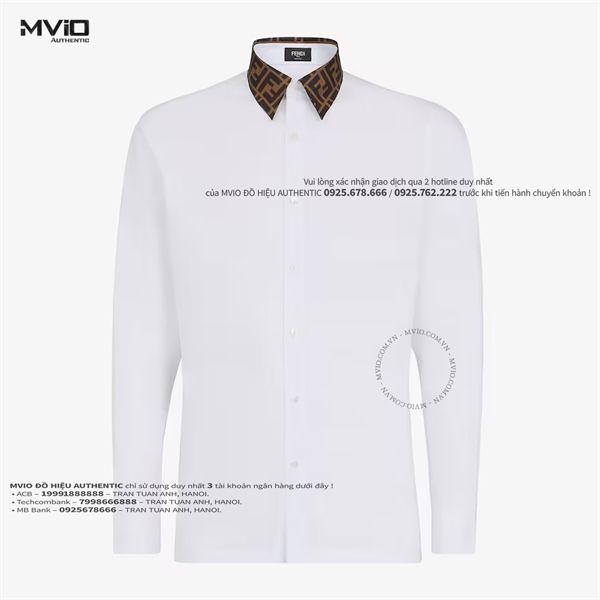 Sơ Mi Fendi Trắng Dài Tay Cổ Nâu Vân FF FS0751 A4S6 F0QA0
