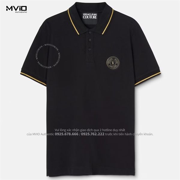 Polo Versace Đen Cổ Viền Vàng Logo Tròn Nhỏ 74GAGT08