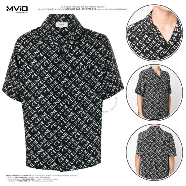 Sơ Mi Celine Đen Cộc Tay Lụa Chữ Trắng 2C946748T 38CE