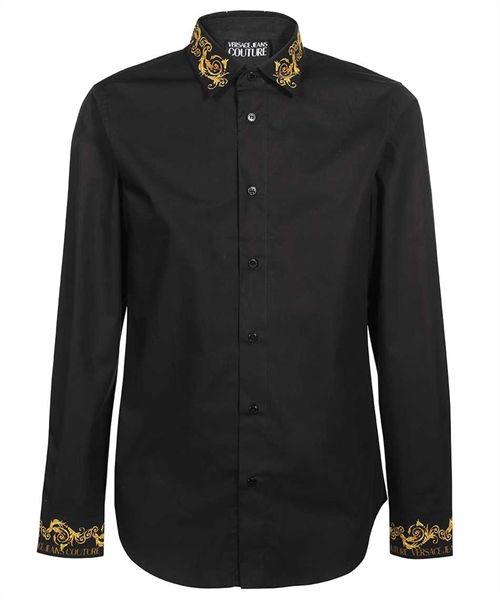 Sơ Mi Versace Đen Dài Tay Cổ Viền Hoạ Tiết Vàng 74GAL2S1