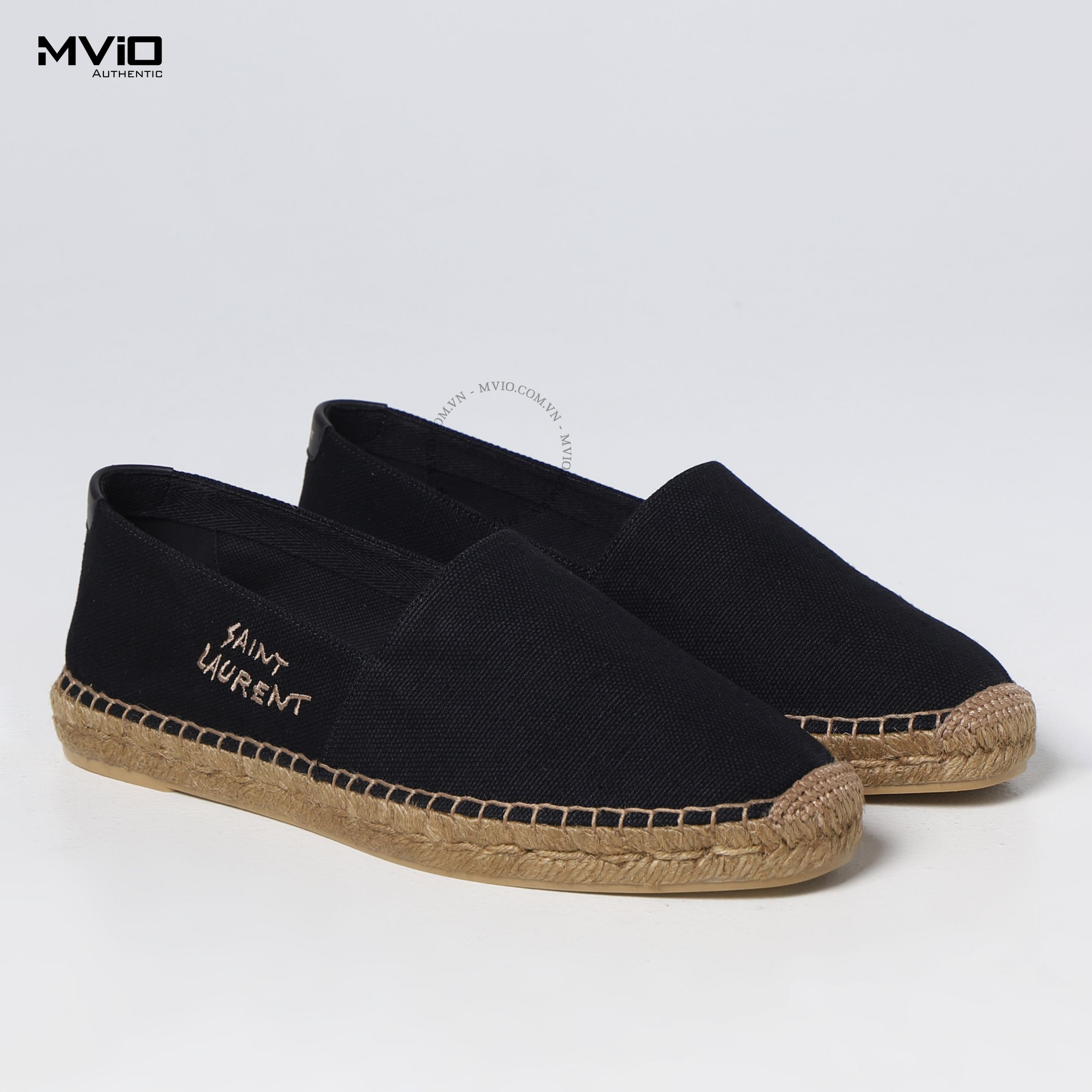Slip On Cói Saint Laurent Đen Thêu Logo