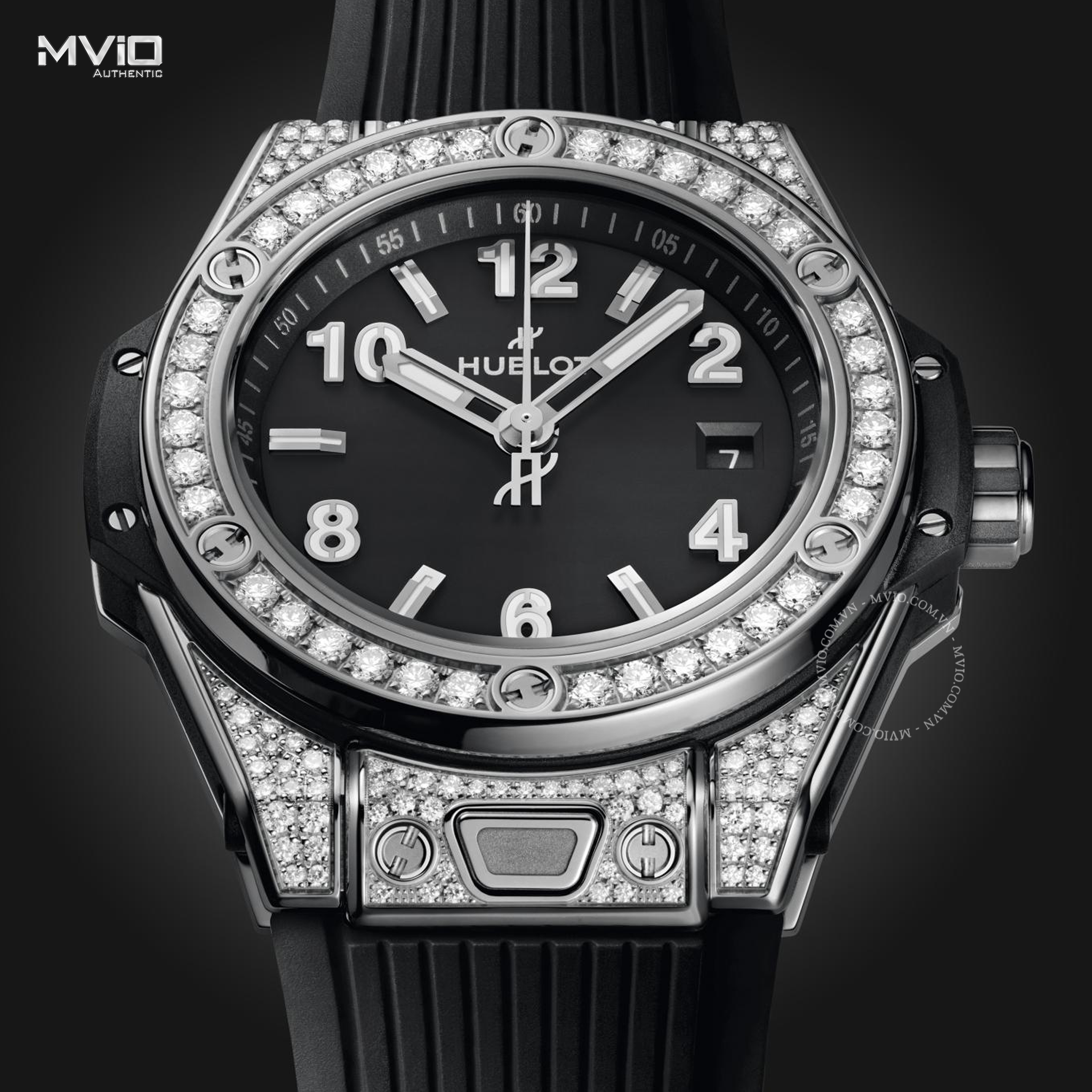 ĐỒNG HỒ HUBLOT BIG BANG ONE CLICK STEEL PAVE DÂY CAO SU ĐEN 485.SX.1170.RX.1604