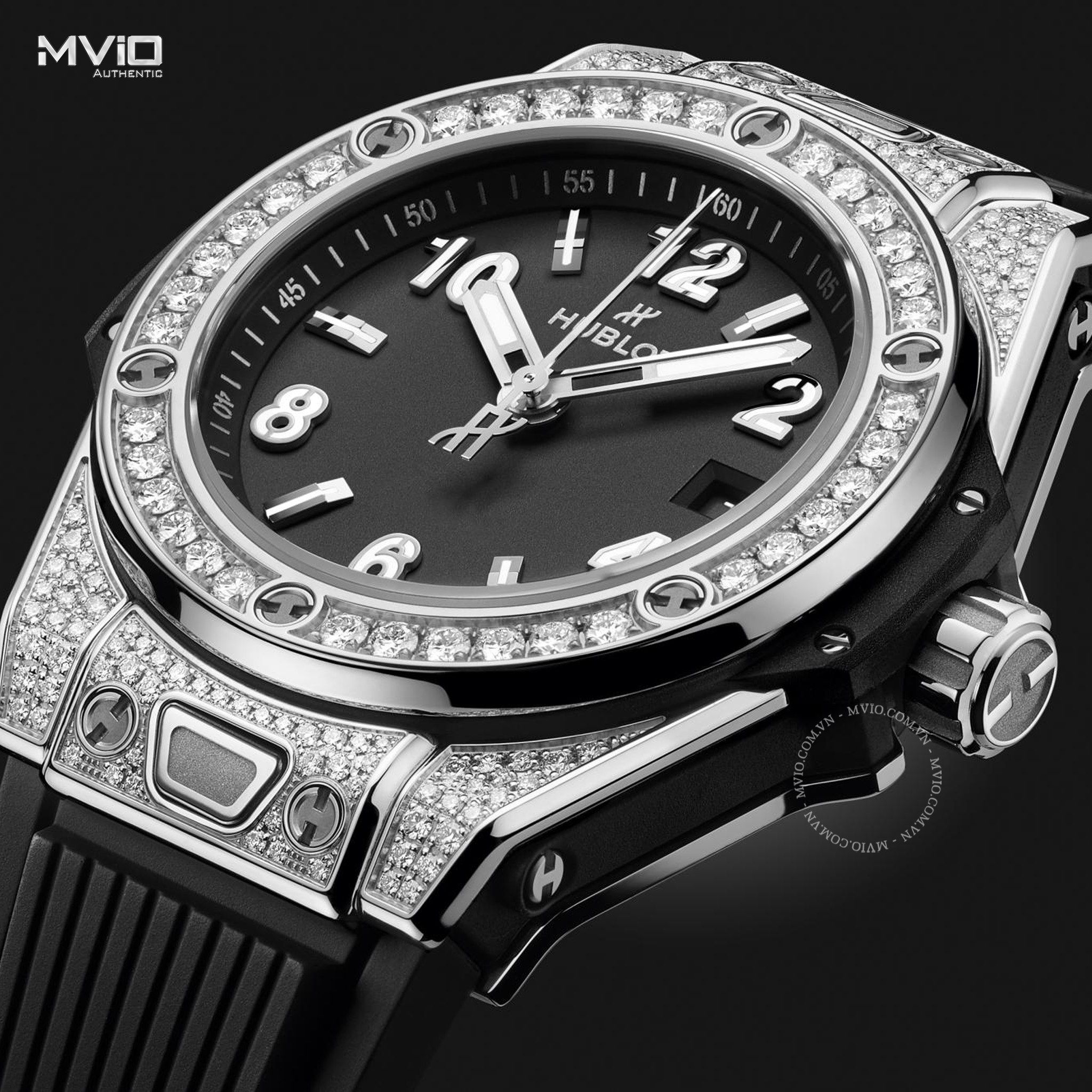 ĐỒNG HỒ HUBLOT BIG BANG ONE CLICK STEEL PAVE DÂY CAO SU ĐEN 485.SX.1170.RX.1604