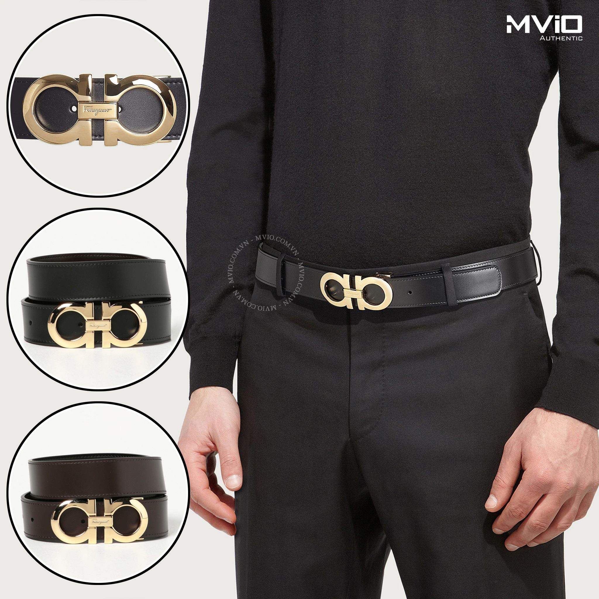 Belt Salvatore Mặt Gold Dây Đen Chocolate Xe0958 001
