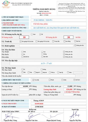 ĐƠN HÀNG CẦN 30 FORM NỮ CHẾ BIẾN THỰC PHẨM THI TUYỂN NGÀY 03-09-2018