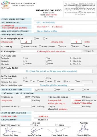 ĐƠN HÀNGCẦN 09 FORM NAM HÀN THI TUYỂN NGÀY 14-09-2018