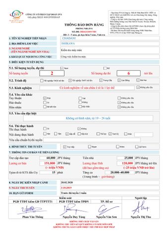 ĐƠN HÀNG CẦN 06 FORM NAM NAM KIỂM TRA MÁY MÓC THI TUYỂN NGÀY 03/10/2019