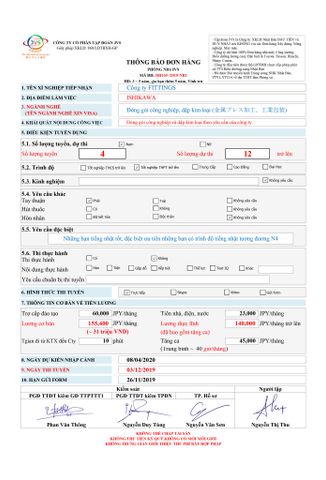 ĐƠN HÀNG CẦN 12 FORM NAM ĐÓNG GÓI CÔNG NGHIỆP, DẬP KIM LOẠI THI TUYỂN NGÀY 03/12/2019