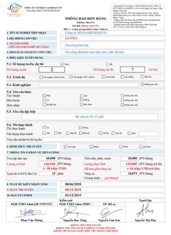 ĐƠN HÀNG CẦN 7 FORM NAM GIA CÔNG TẤM KIM LOẠI THI TUYỂN NGÀY 09/12/2019