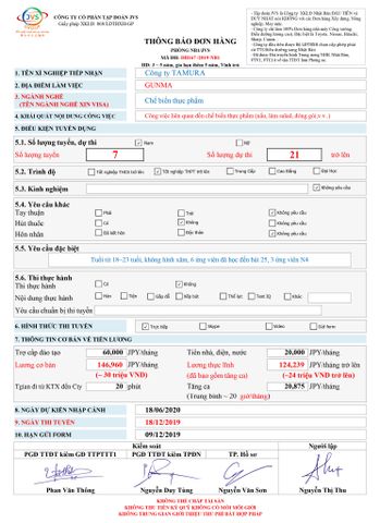 ĐƠN HÀNG CẦN 21 FORM NAM CHẾ BIẾN THỰC PHẨM THI TUYỂN NGÀY 18/12/2019