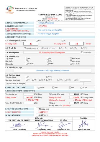 ĐƠN HÀNG CẦN 18 FORM NỮ SẢN XUẤT VÀ ĐÓNG GÓI THỰC PHẨM THI TUYỂN NGÀY 18/12/2019