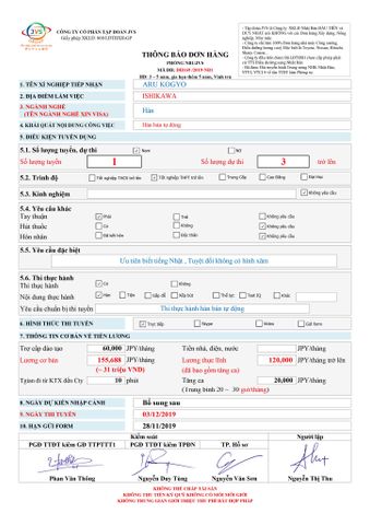 ĐƠN HÀNG CẦN 3 FORM NAM HÀN THI TUYỂN NGÀY 03/12/2019