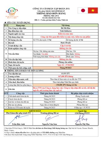 ĐƠN HÀNG MỚI CẦN 6 NỮ KIỂM TRA MÁY MÓC thi tuyển 12/04/2023