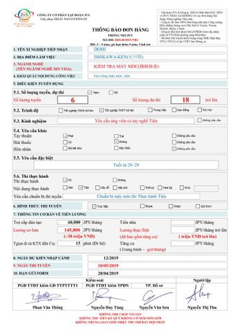 ĐƠN HÀNG CẦN 18 FORM NAM KIỂM TRA MÁY MÓC THI TUYỂN NGÀY 10/05/2019