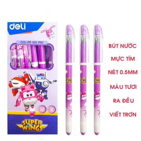 Hộp 12 Bút gel Deli Super Wings G12-PR nét 0.5mm màu tím - Tặng 1 lọ hồ khô