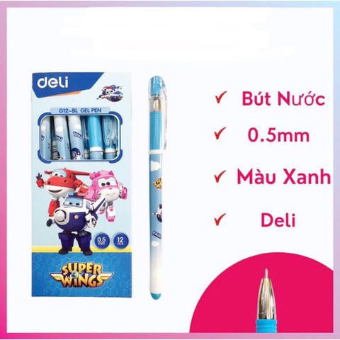 Hộp 12 Bút gel Deli Super Wings G12-BL nét 0.5mm màu xanh - Tặng 1 lọ hồ khô