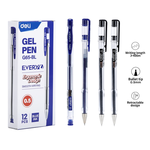 Bút gel Deli EG65-BL ngòi 0.5mm - Mực xanh, thiết kế đậy nắp, mực ra đều