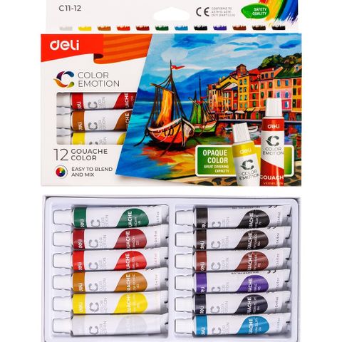 Màu nước Gouache dạng tuýp 12 màu Deli C11-12