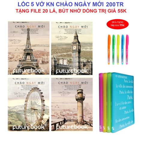 Lốc 5 vở Futurebook chào ngày mới 200tr 222 (Kẻ Ngang) - Tặng file 20 lá, bút nhớ dòng