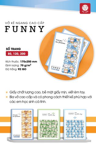 Vở FUNNY 120 trang 5464 (Dòng kẻ ngang) - Mua 10 quyển tặng bút bi hoặc túi Clear (MUA TỪ 100 QUYỂN CHIẾT KHẤU THÊM 5%)